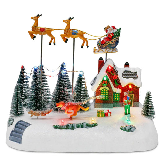 Animated Santa Sleigh Christmas Village Decoration Music Light-Up Building Accessories Snots on the Run Figurine for Indoor Use