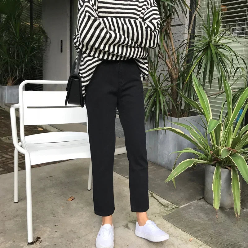 Pantalones vaqueros rectos de cintura alta, holgados, informales, de corte petite, color negro, para mujer, primavera y otoño de 2024
