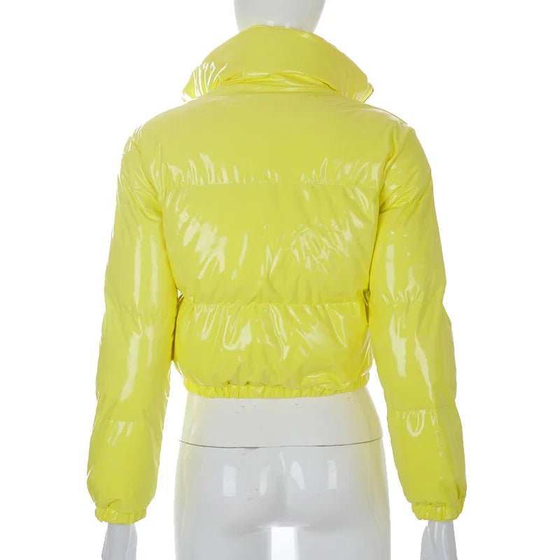European and American Solid Color Mirror Pu Leather Down Jacket, Womens' Winter New Short Zippered Stand-up Collar Padded Jacket