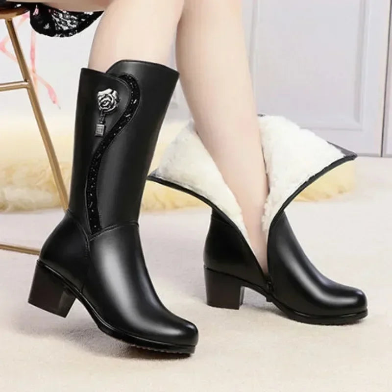 Winter Women's Boots Plush Warm Snow Boots Fashion Mid-calf High Heel Boots for Women High-quality Leather Boot Botas Mujer