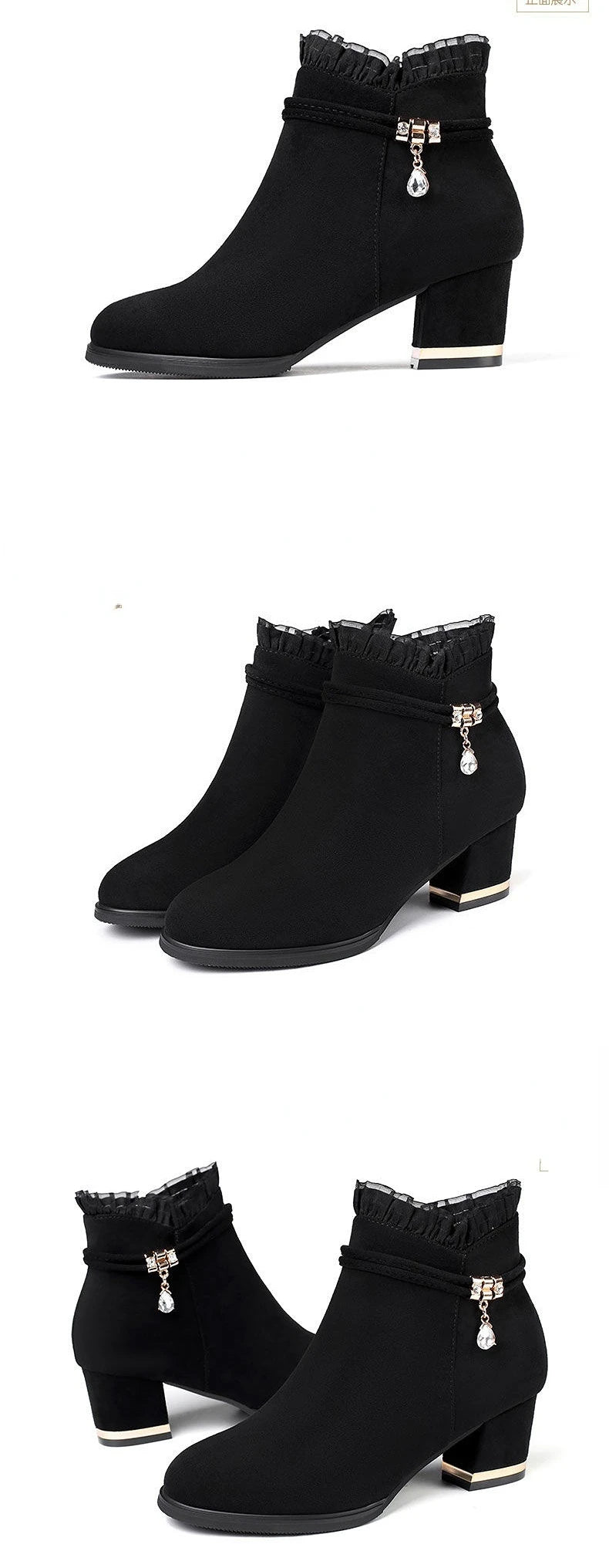 New Autumn Fashion Boots Women Fur Winter Warm Pointed Ankle Boots Sexy High Heel Rhinestone Decoration Zipper Women Boots