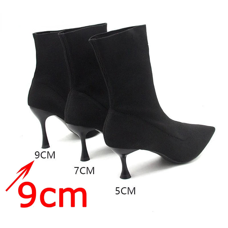 9cm 7cm 5cm Stretch Fabric Socks Boots Women Black Shoes Elegant Pointed Toe Knitting Elastic Ankle Boots for Women