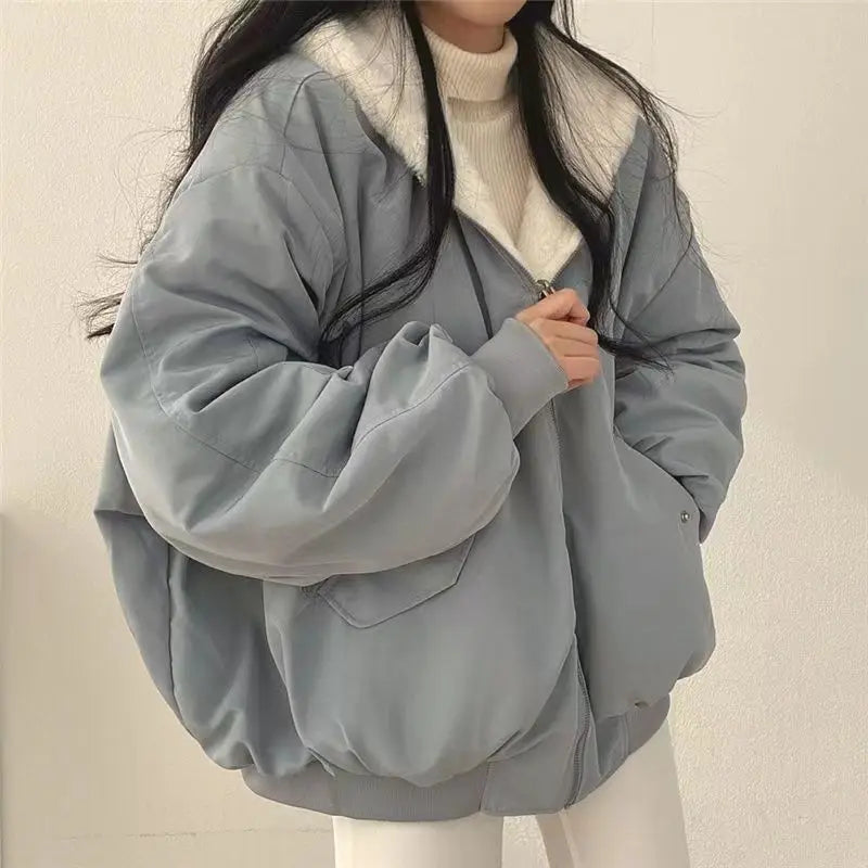 Women Parkas Coat Korean Thick Warm Coats Solid Zipper Hooded Loose Jacket Casual Full Sleeve Regular Splice Pockets Winter