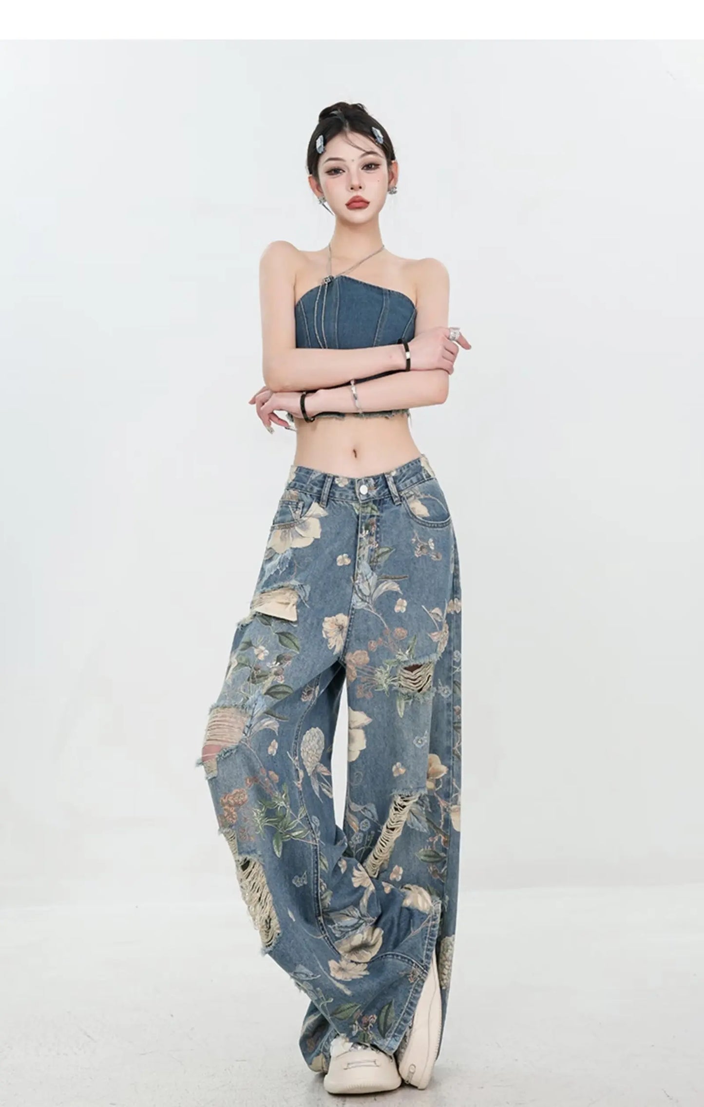 American Street Print Jeans For Women Trendy Style Loose And Versatile Floor-length Wide-leg Pants With A Versatile Design