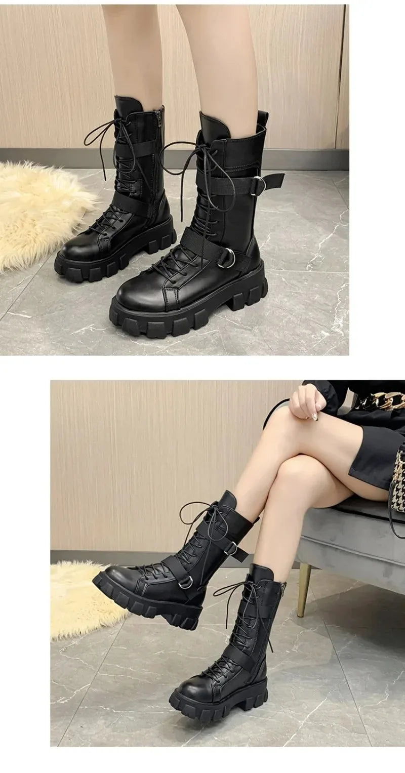 Women's Mid-Calf Boots High Quality Casual Leather Boots Fashion Motorcycle Booties Designer Belt Buckle Knight Boots for Women