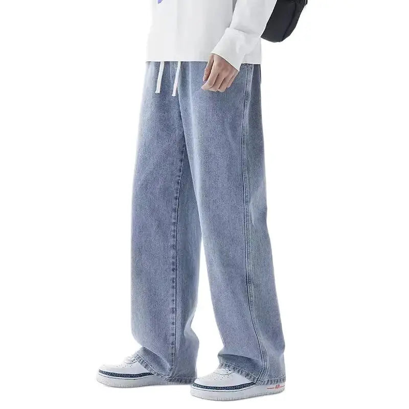 2023 New Korean Fashion Men's Casual Ankle-Length Jeans Classic Man Straight Denim Wide-leg Pants Light Blue Grey Black 3XL