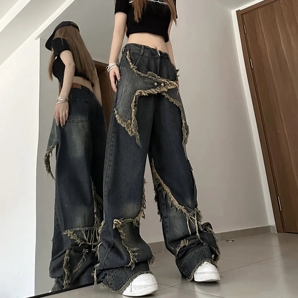 Pantalones vaqueros de estilo retro americano con borlas y costuras de estrella para mujer, pantalones holgados de pierna ancha, pantalones punk Y2K de moda