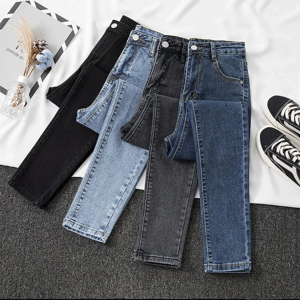 Pantalones vaqueros negros y grises para mujer, pantalones cortos adelgazantes, elegantes y versátiles, pantalones cortos para estudiantes, pantalones largos, corte entallado, silueta suavizante