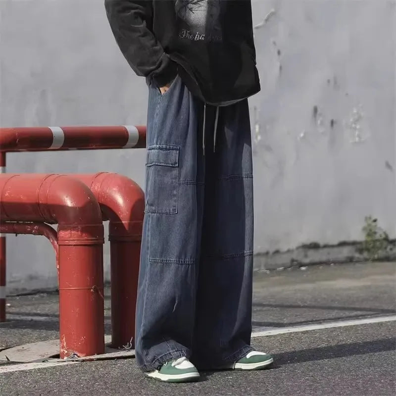 Men Denim Jeans Wide Leg Pants Cargo Long Pant Splice High Waist Loose Casual Button Pocket Straight Trousers Autumn Winter