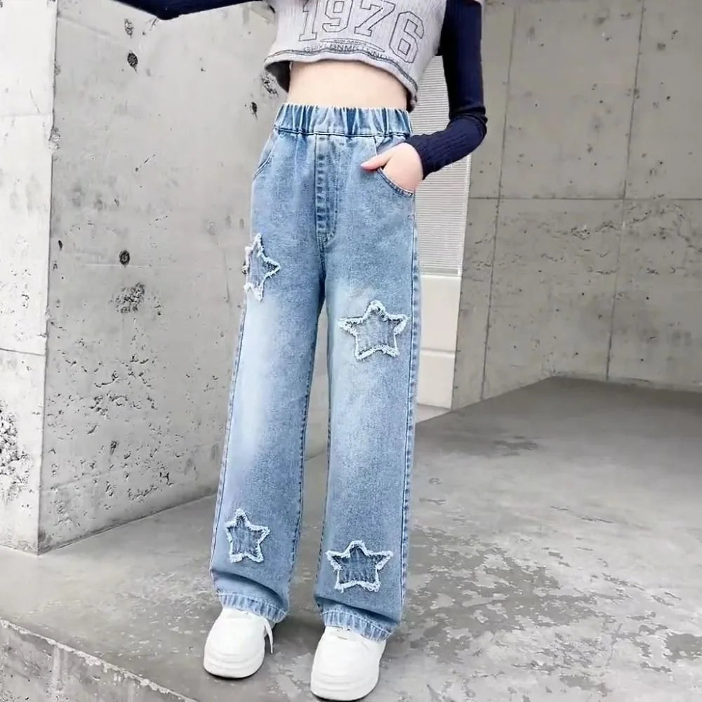 Embroidered Stars Teens Girl Jeans Loose High Waist Children Y2K Jeans Wide Leg Cowboy Pants Girls Denim Trousers Streetwear