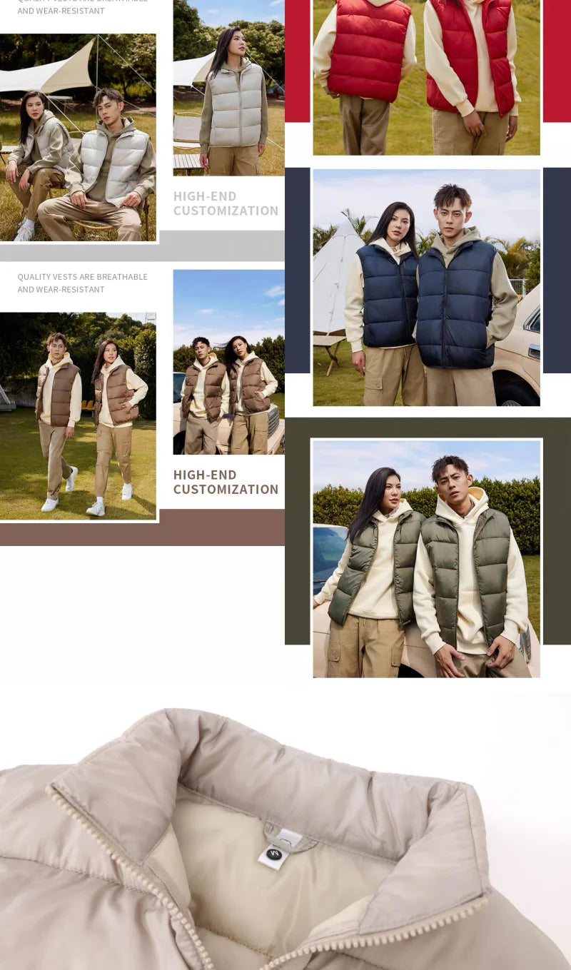 Customized Logo Winter Coat Windproof Vest Thick Stand Up Collar DIY Down Cotton Printing Company Brand Jacket Sleeveless