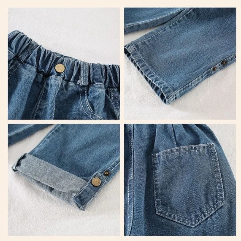 2025 New Autumn Girls Jeans 2-7T Kids Straight Trousers Pants Hem Closure Button Trendy Boys Loose denim Pants