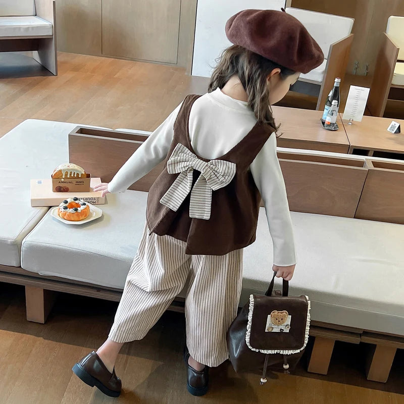 Girls Autumn Spring Clothing Set Fashion Children's Bow Tie Vest + Undershirt + Wide-Leg Pants Three-Piece Set 2025 New