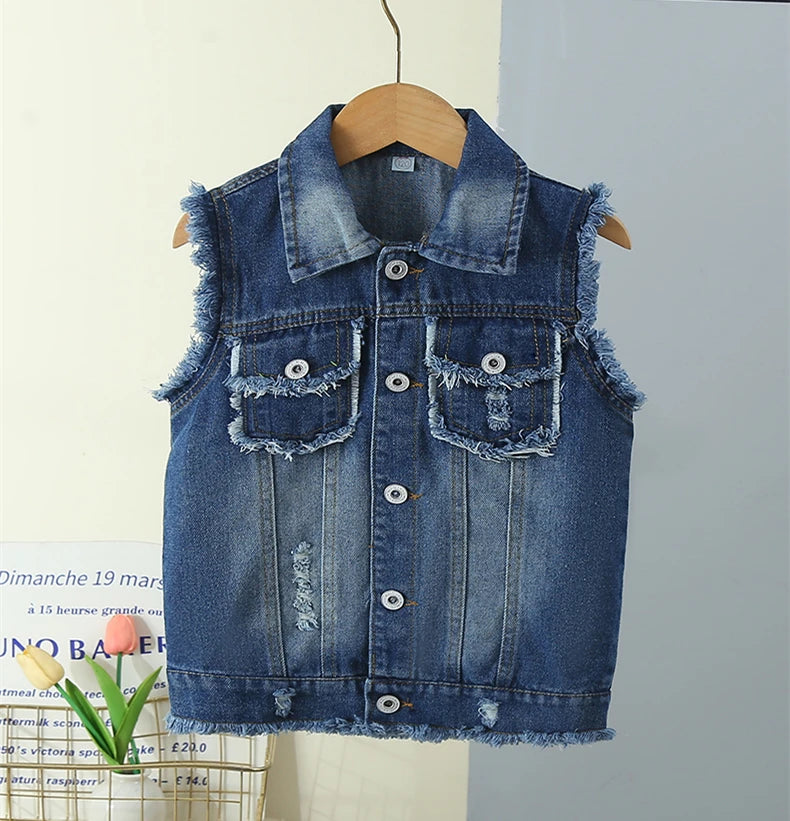 Elegant Unisex Kids Denim Waistcoat with Raw Hem for Boys Girls Casual Sleeveless Jeans Jacket Vest Child Fashion Waist Coat