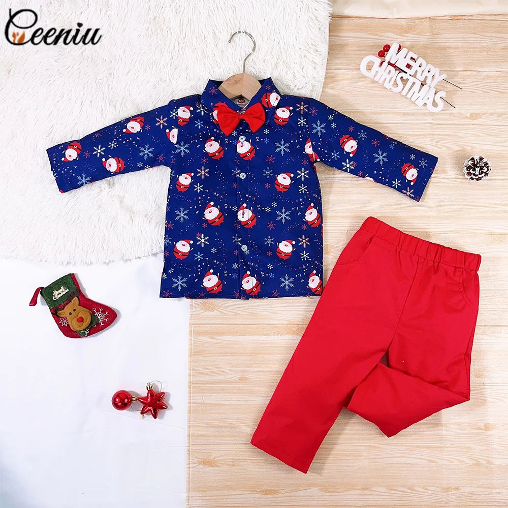 Ceeniu 1-5Y New Year Costume For Boy Christmas Outfit Santa Deer Printed Necktie Shirts and Red Pants Children Christmas Clothes