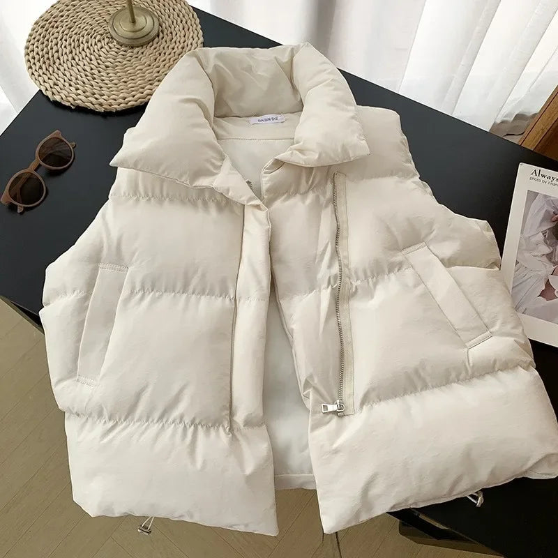 Women Vest Parkas Sleeveless Solid Jackets Zipper Splice Thick Vests Pockets Stand Collar Coats Warm Elegant Lady Parka