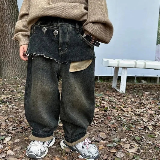 Spring and Autumn Boys' Integrated Velvet Jeans New Korean Splicing Children's Autumn and Winter Thick Velvet Denim Pants