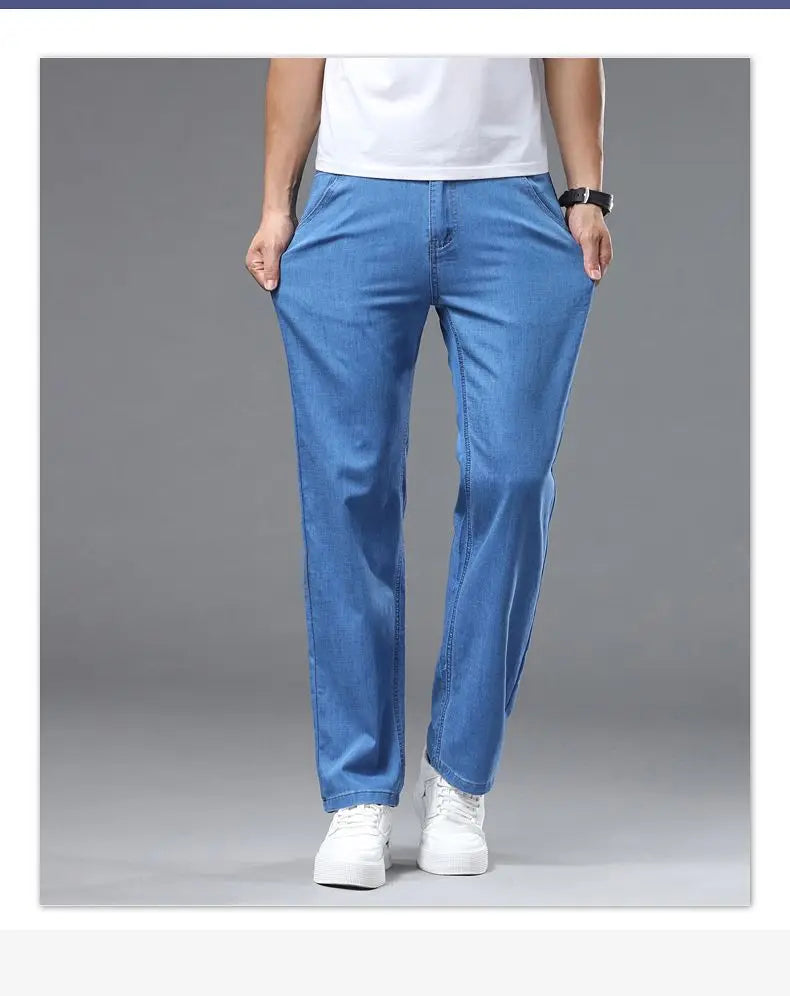 Spring Summer Business Jeans Men Light Blue Casual Straight Stretch Fashion Classic Work Denim Trousers Brand Clothing