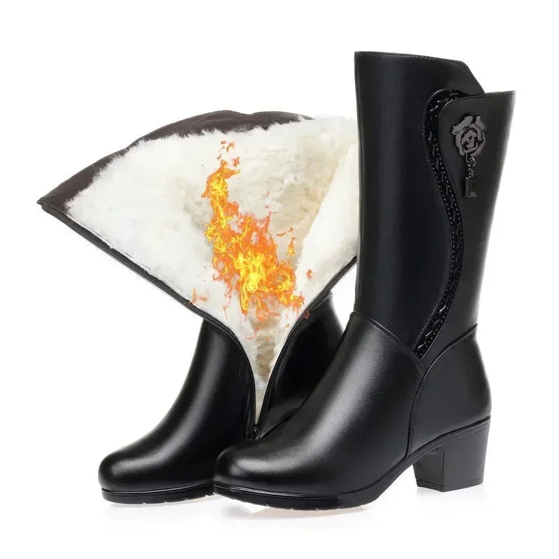 Winter Women's Boots Plush Warm Snow Boots Fashion Mid-calf High Heel Boots for Women High-quality Leather Boot Botas Mujer