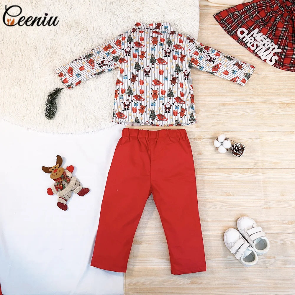 Ceeniu 1-5Y New Year Costume For Boy Christmas Outfit Santa Deer Printed Necktie Shirts and Red Pants Children Christmas Clothes