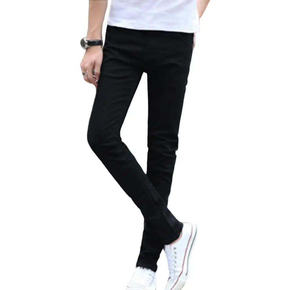 Men Jeans Stretch Skinny Denim Pants Solid Color Black Blue Autumn Summer Luxury Street Harajuku Hip-Hop Style Slim Fit Trousers