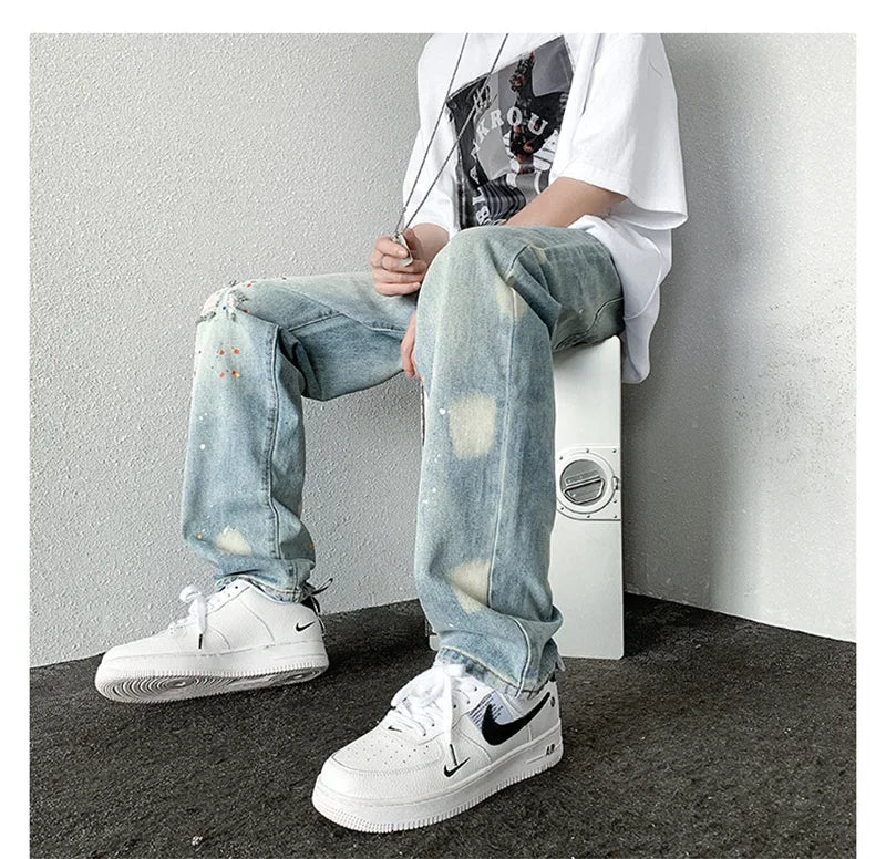 Men's Splashing ink Ripped Baggy Jeans 2024 New Hip Hop Fashion Graffiti Holed Straight-leg Denim Pants Y2k Streetwear Jean