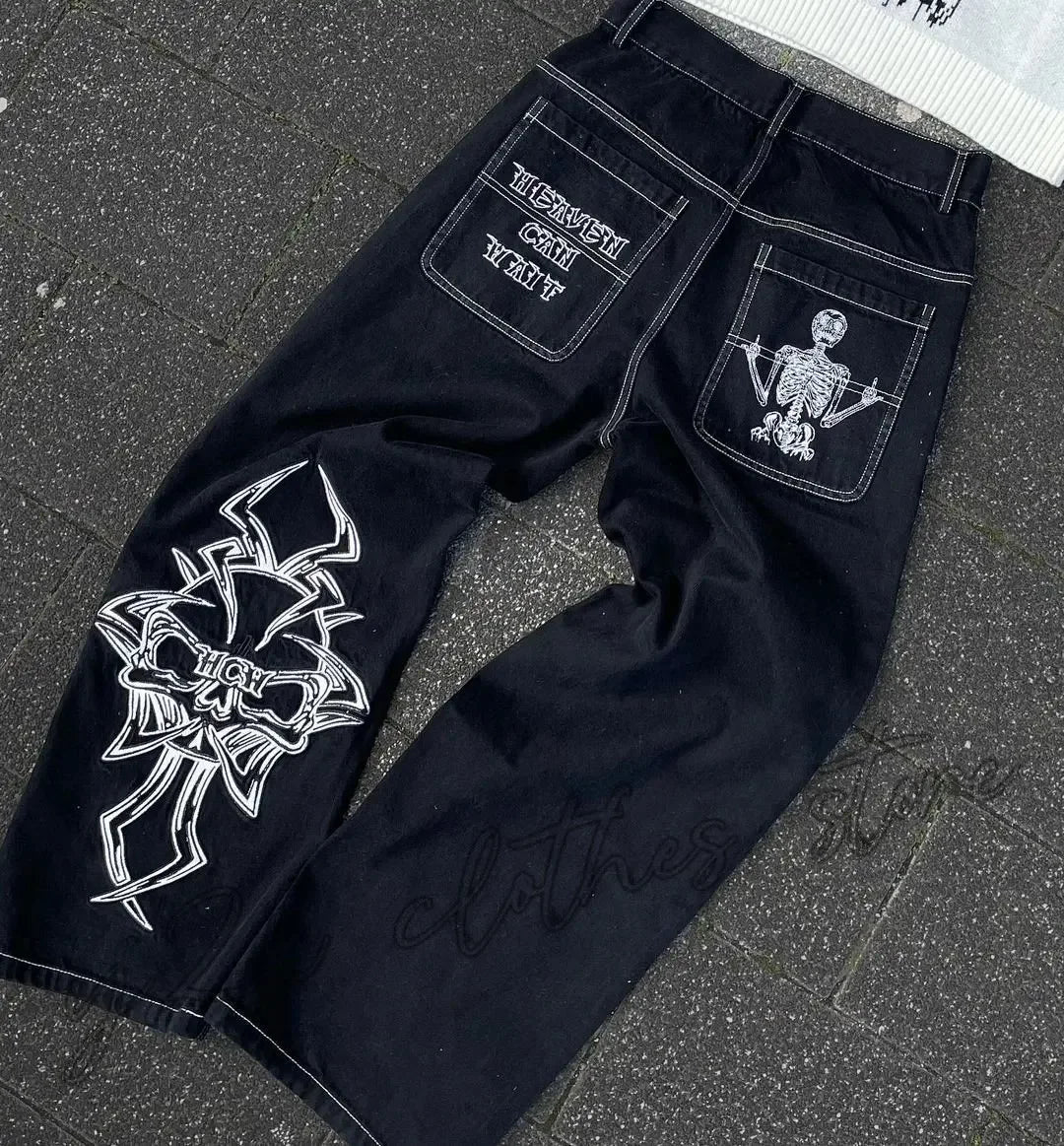 Nuevos vaqueros holgados casuales de pierna ancha para hombre, vaqueros con estampado retro de hip hop, tendencia de moda, vaqueros negros de cintura alta Y2k, ropa para hombre 2023