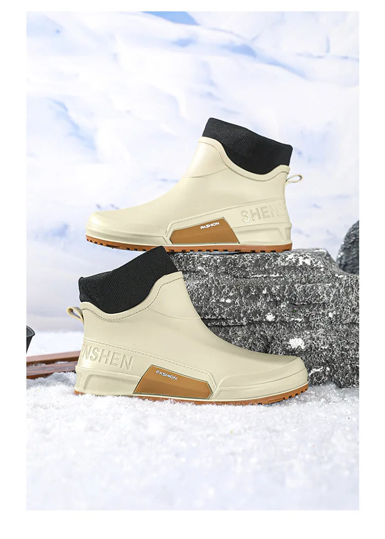 Waterproof Ankle Rain Boots for Men Chef Kitchen Fleece-lined Man Shoes Work Fashion Rainy Day Non-slip Garden Fishing Wellies