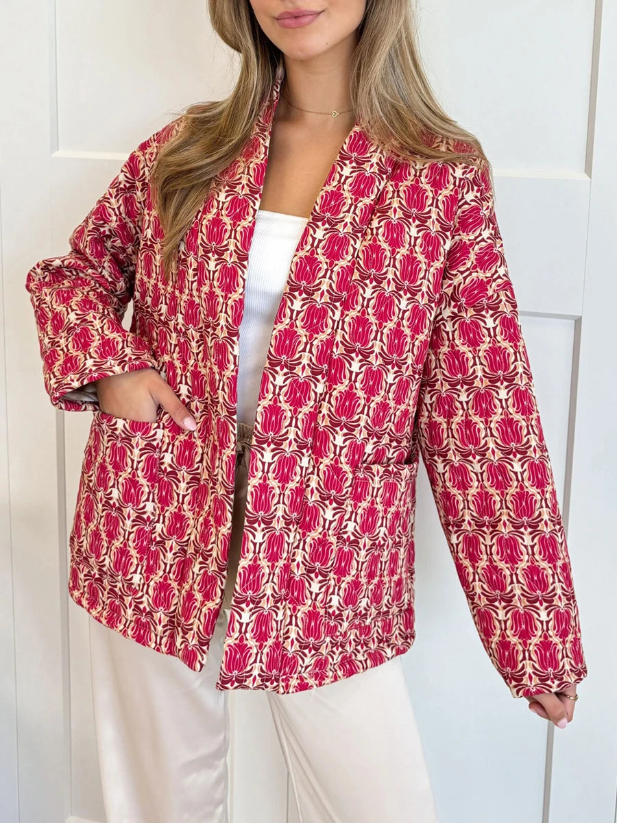 2024 New Fashion Women Winter Padded Jacket Vintage Print Open Front Quilted Long Sleeve Coat Cardigan
