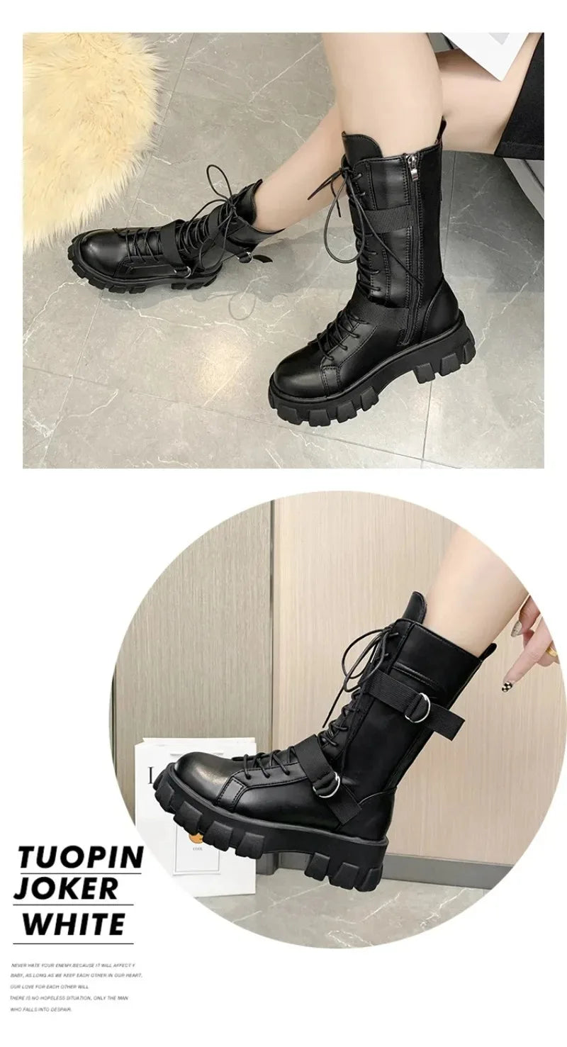 Women's Mid-Calf Boots High Quality Casual Leather Boots Fashion Motorcycle Booties Designer Belt Buckle Knight Boots for Women