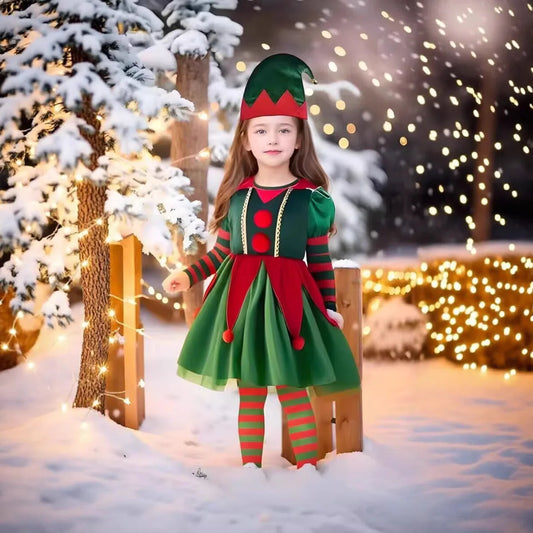 Déguisements de lutin de Noël pour filles et maman, ensemble deux pièces assorti (robe, chapeau, chaussettes, chaussures et ceinture). Cadeau idéal pour les fêtes.