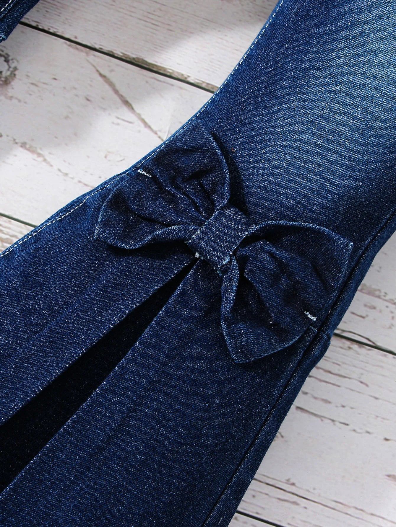 Girls' Solid Flared Denim Pants With Bow Tie, Regular Fit Casual Jeans, For Cute And Smart Look, Autumn/ Winter/ Spring