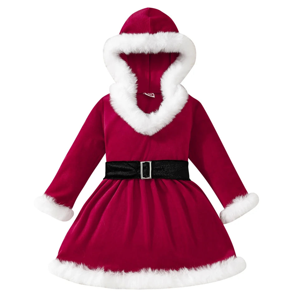 Children Christmas Party Dress Velvety with Fluffy Trim Hooded V-Neck Xmas Gown with Waist Bow Girl Red Christmas Dress