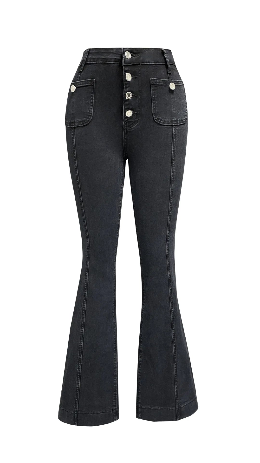 Jean pour femme, longueur cheville, coupe évasée, poches en denim, ample, taille haute, uni, boutons, braguette zippée