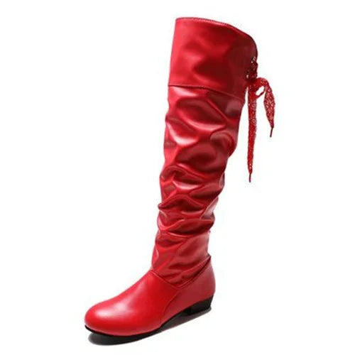 Shoes For Women Spring Knee High Boots Red Black White Tall Boots Woman Pleated Low Heel Casual Leather Female Long Shoes