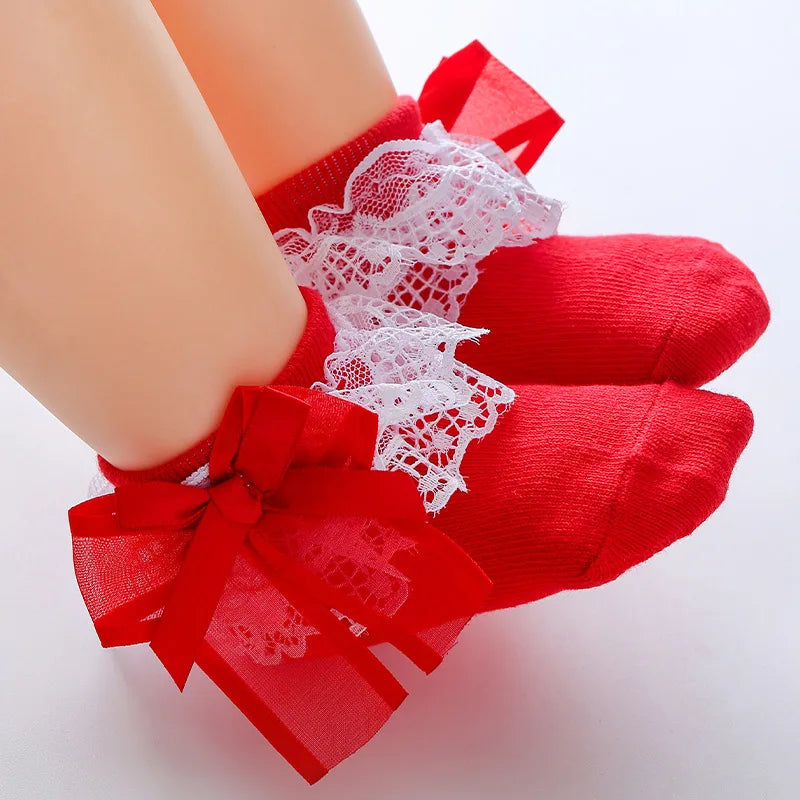 0-12M Newborn Baby Lace Socks Bow Princess Socks Girls Infant Spring and Autumn Baby Cotton Socks Girls Breathable Ruffled Socks
