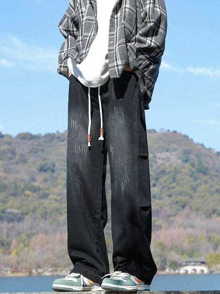 Autumn Distressed Drawstring Straight Jeans For Men High Street Baggy Patchwork Denim Pants 2024 New Hip Hop Fashion Y2K Jean