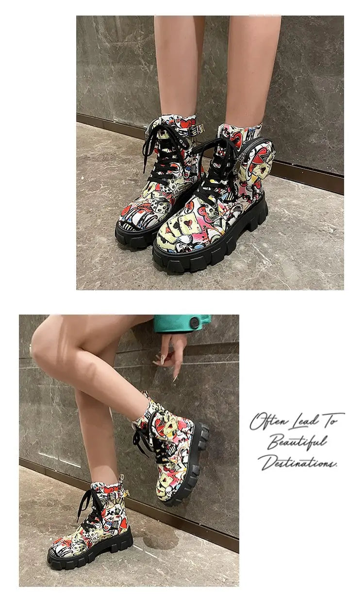 Thick-soled Women's Ankle Boots Fashion Printed Women Shoes High Quality Non-slip Motorcycle Boots New Gothic Style Women Boots