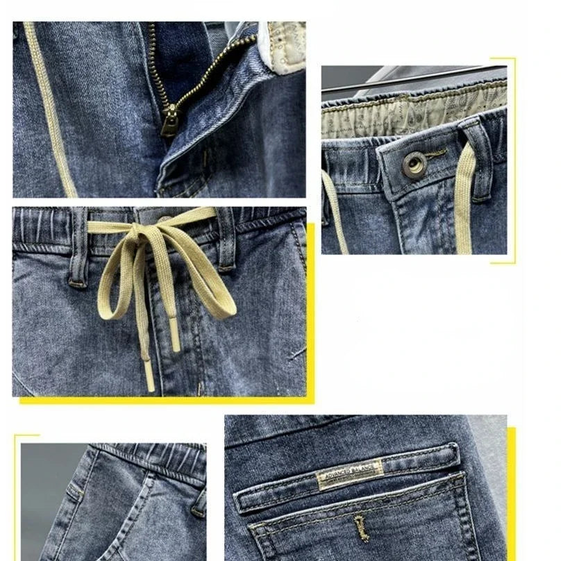 Pantalones vaqueros de lujo para hombre, moda coreana, primavera y verano, con cordón elástico, lavados, estilo cargo, holgados y cónicos