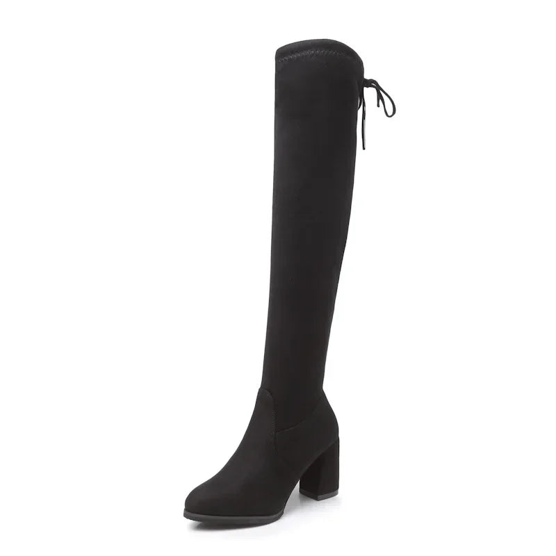 Botas largas elásticas de ante sintético para mujer, botas por encima de la rodilla, zapatos casuales negros sexis con plataforma para discoteca, botas de otoño para mujer