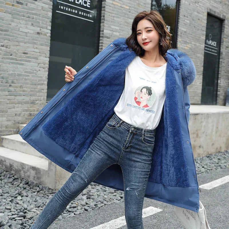 Cotton Liner Parker Women Long Coat Parka Coats Adjustable Waist Fur Collar Winter Jacket Coat Medium Long Hooded Parka Jackets