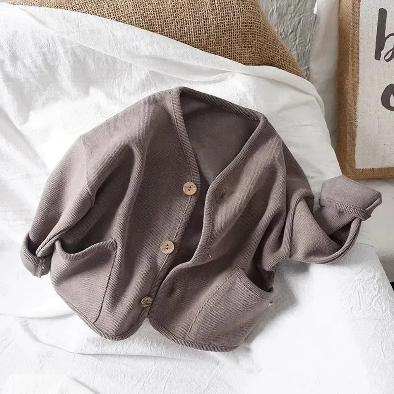 Korean 0-7Yrs Children's Loose Solid Color Long Sleeved Cardigan Autumn Style Pure Cotton Casual Top Jacket for Boys and Girls
