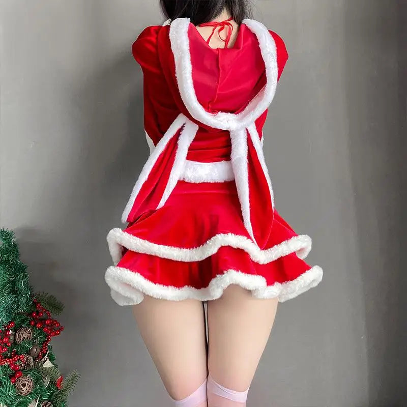 [You're My Secret] Christmas Dress Suit Women Xmas Cosplay Costume Red Suit Party Rabbit Ears Hooded Shawl Christmas Girl Set