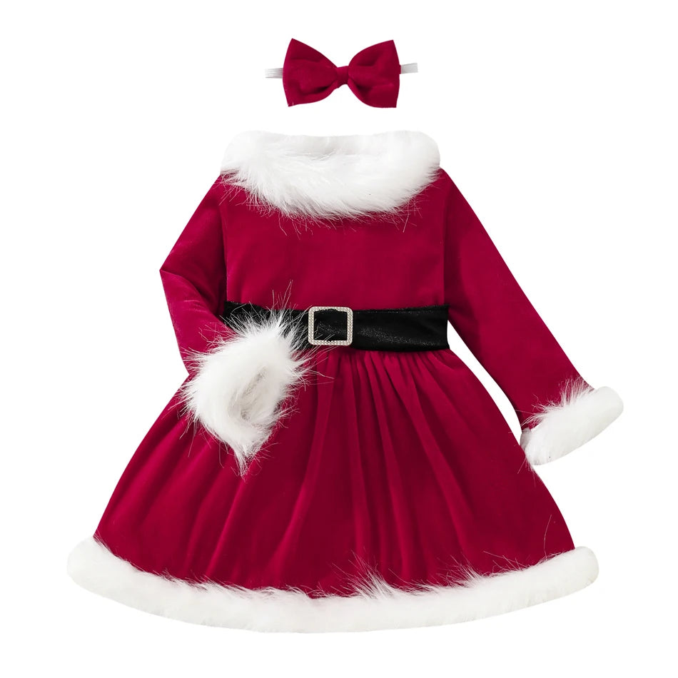 Children Christmas Party Dress Velvety with Fluffy Trim Hooded V-Neck Xmas Gown with Waist Bow Girl Red Christmas Dress