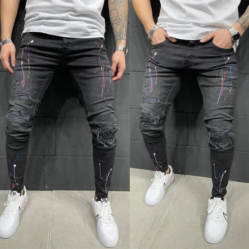 New Jeans Paint For Men Spring Summer Fashion Men Wash Worn Holes Patch Paint printing micro-bullet Small Feet Black Male Denim