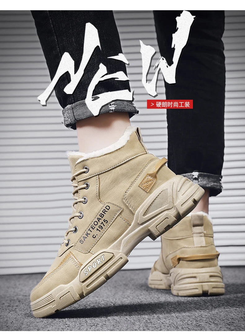 Botas nuevas para hombre, de invierno, de felpa, para la nieve, estilo casual, para exteriores, con cordones, cálidas, antideslizantes, hasta el tobillo.