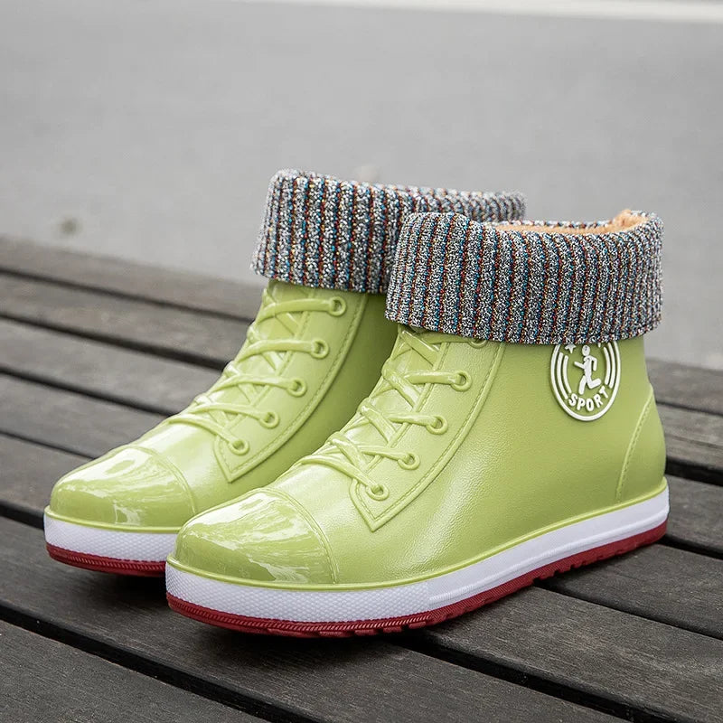 Women's Rain Boots Fashion Warm Cotton RubberShoes Ankle Rain Shoes for Women Waterproof Garden Galoshes Botas Lluvia Mujer