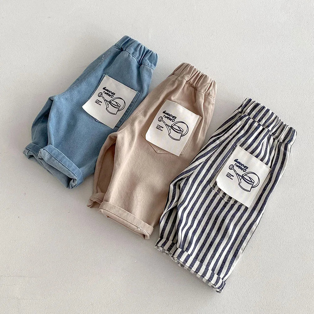 1-5Y Kid's Jeans Loose Solid Boys Denim Pants Patchwork Pocket Girls Straight Trousers Casual Kids Outdoor Pants