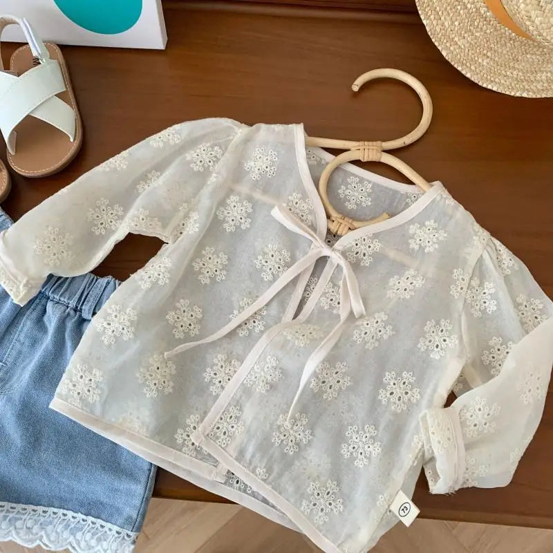 Girls Jacquard Air-conditioned Shirt Summer Baby Girl Korean Thin Jacket Children Hollowed Out Cardigan Top