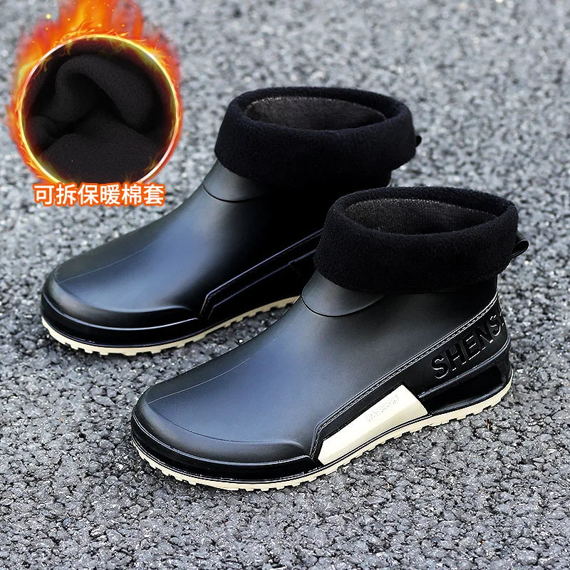 Waterproof Ankle Rain Boots for Men Chef Kitchen Fleece-lined Man Shoes Work Fashion Rainy Day Non-slip Garden Fishing Wellies